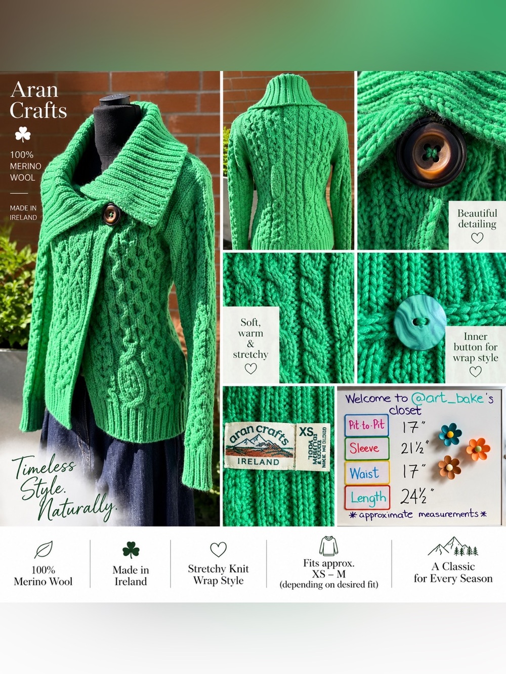 Aran Crafts Ireland Merino Wool Wrap Cardigan Green XS